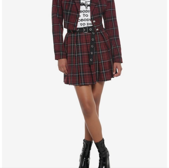 Dark Red Plaid Crop Girls Blazer - Picture 2 of 7